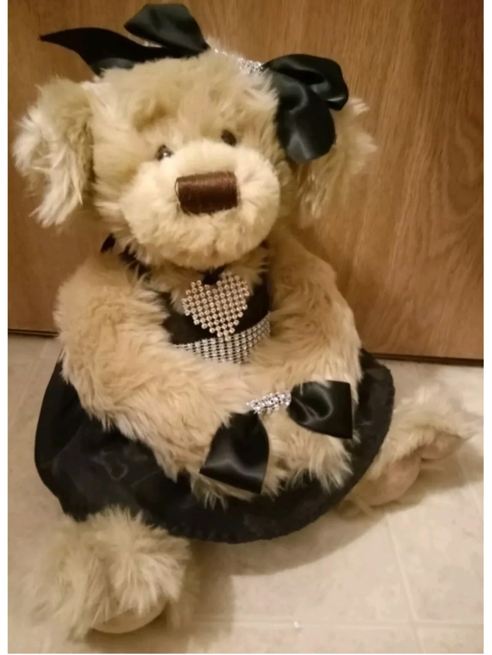Vintage Adorable Floral Services Plush Tan Brown Teddy Bear 12” Black Dress
